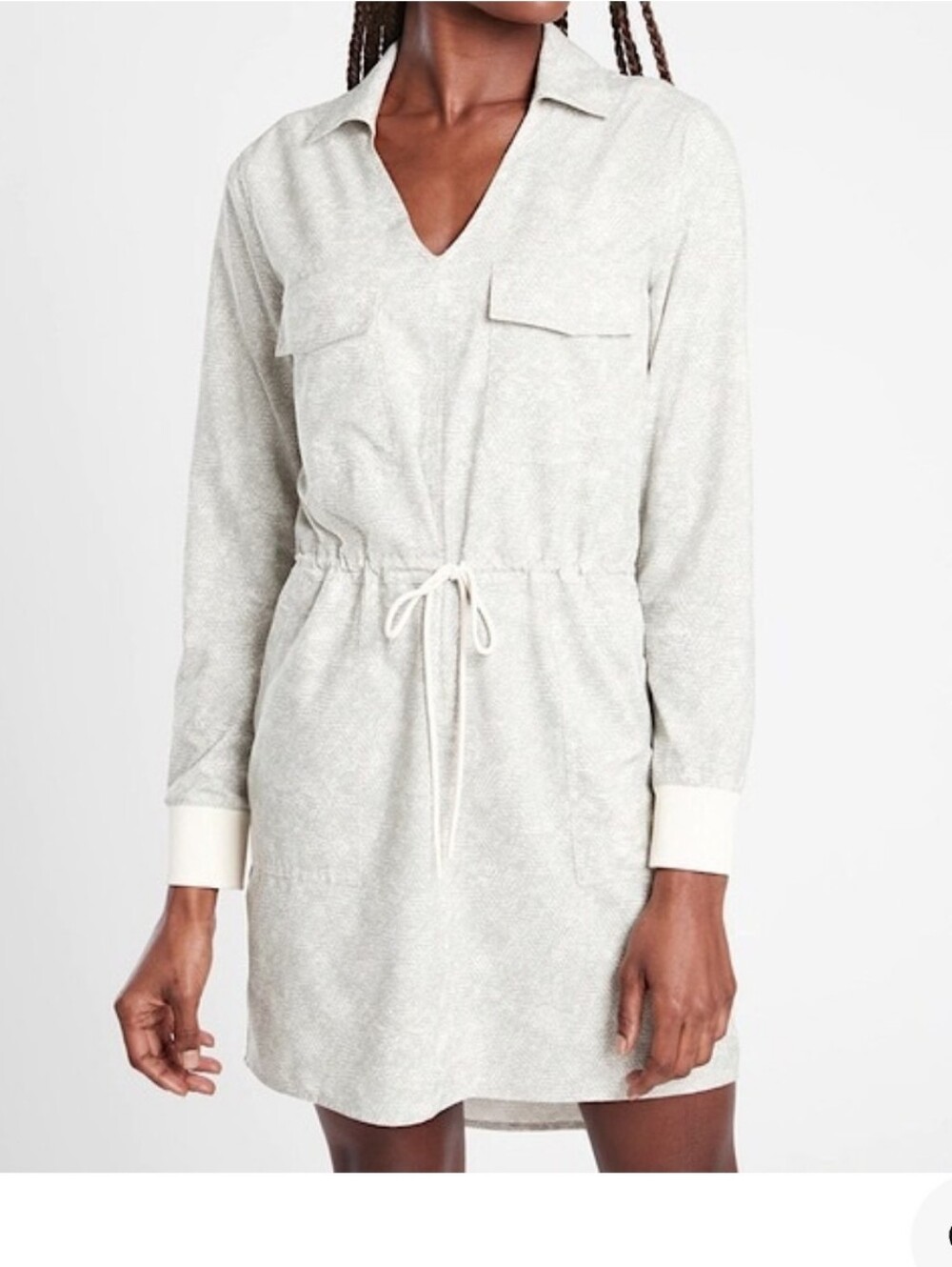 ATHLETA Zuma Printed Shirt Dress Cream Green Lightweight Waist Tie Size XL